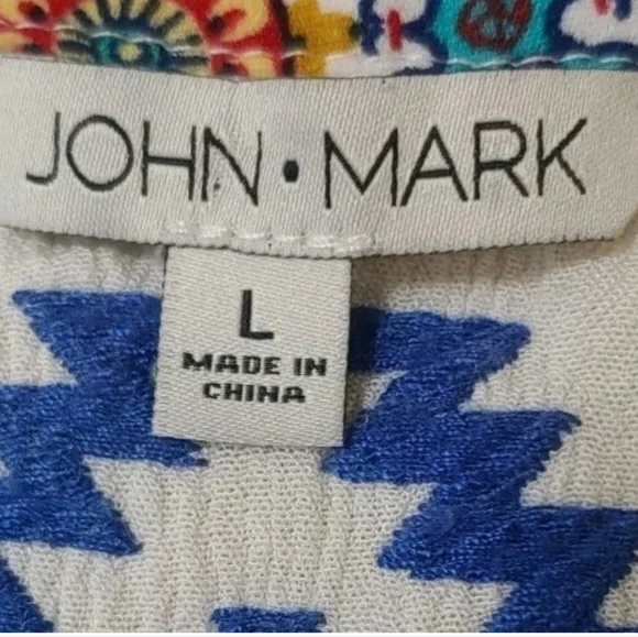 John Mark Boho Tunic Top Large Aztec Gauzy Embroidered Floral Striped Button - Picture 7 of 12